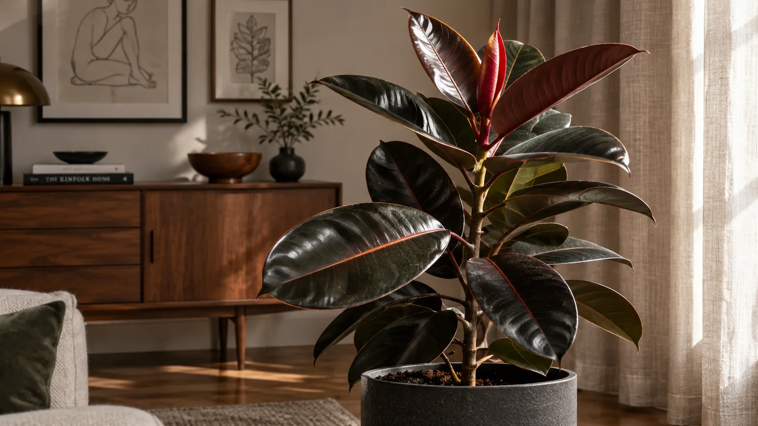 Potted rubber tree with glossy dark green leaves standing indoors beside a wooden sideboard and sunlight.