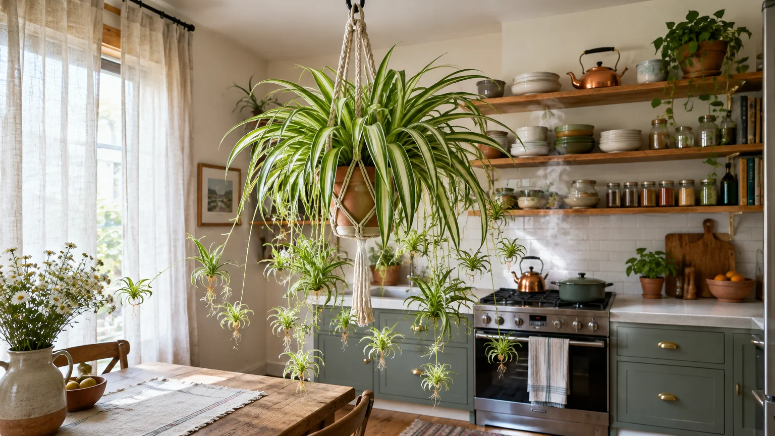 Variegated spider plant with numerous hanging plantlets in a macrame planter inside a rustic kitchen.