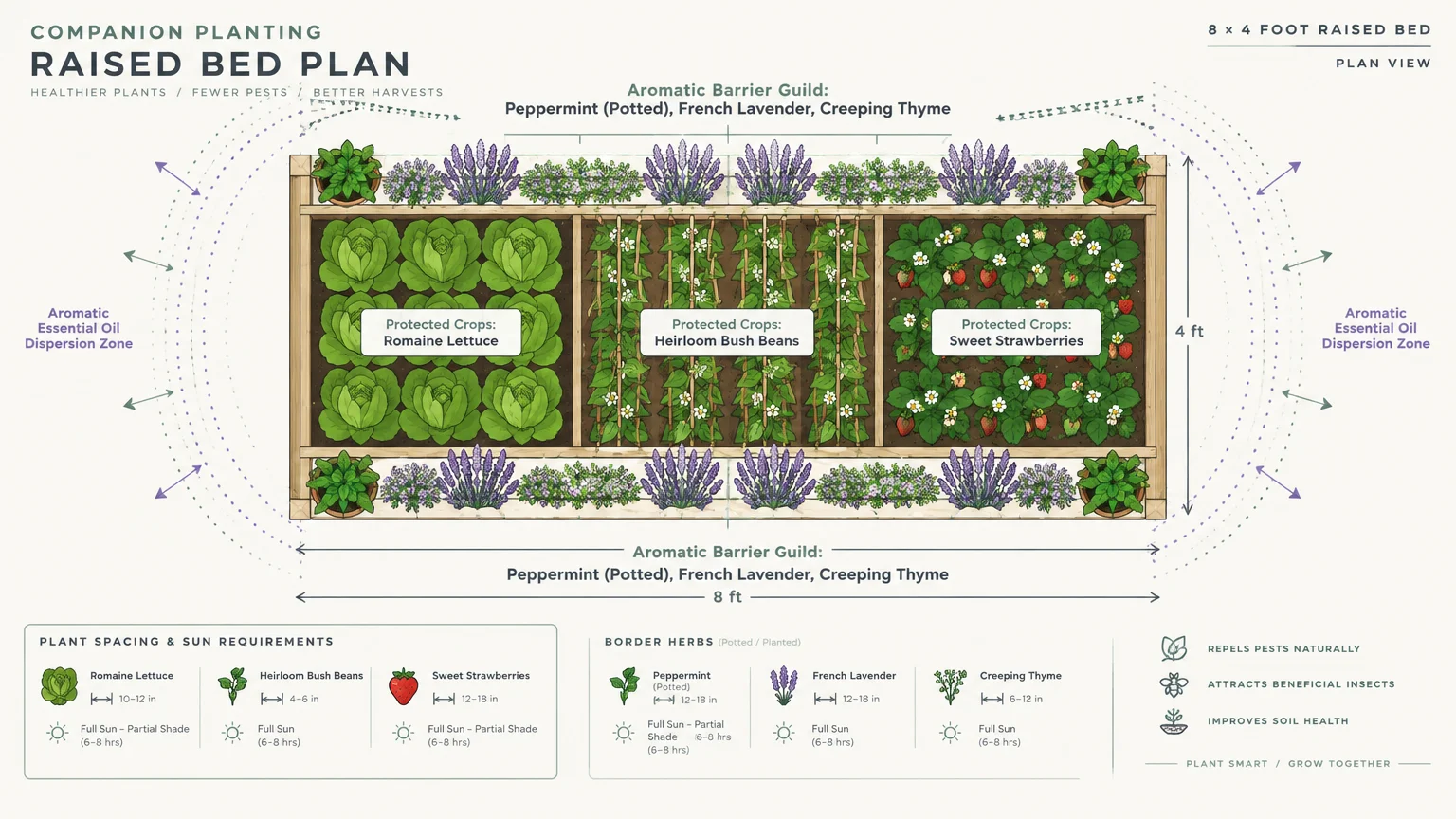Raised garden bed diagram showing border herbs like lavender, thyme, and potted peppermint surrounding protected crops.