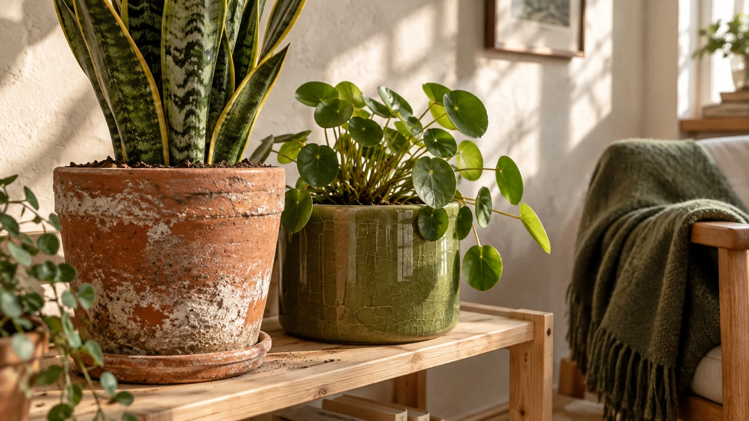 Potted snake plant in weathered terracotta and a Chinese money plant in a glazed green ceramic pot on a wooden bench.