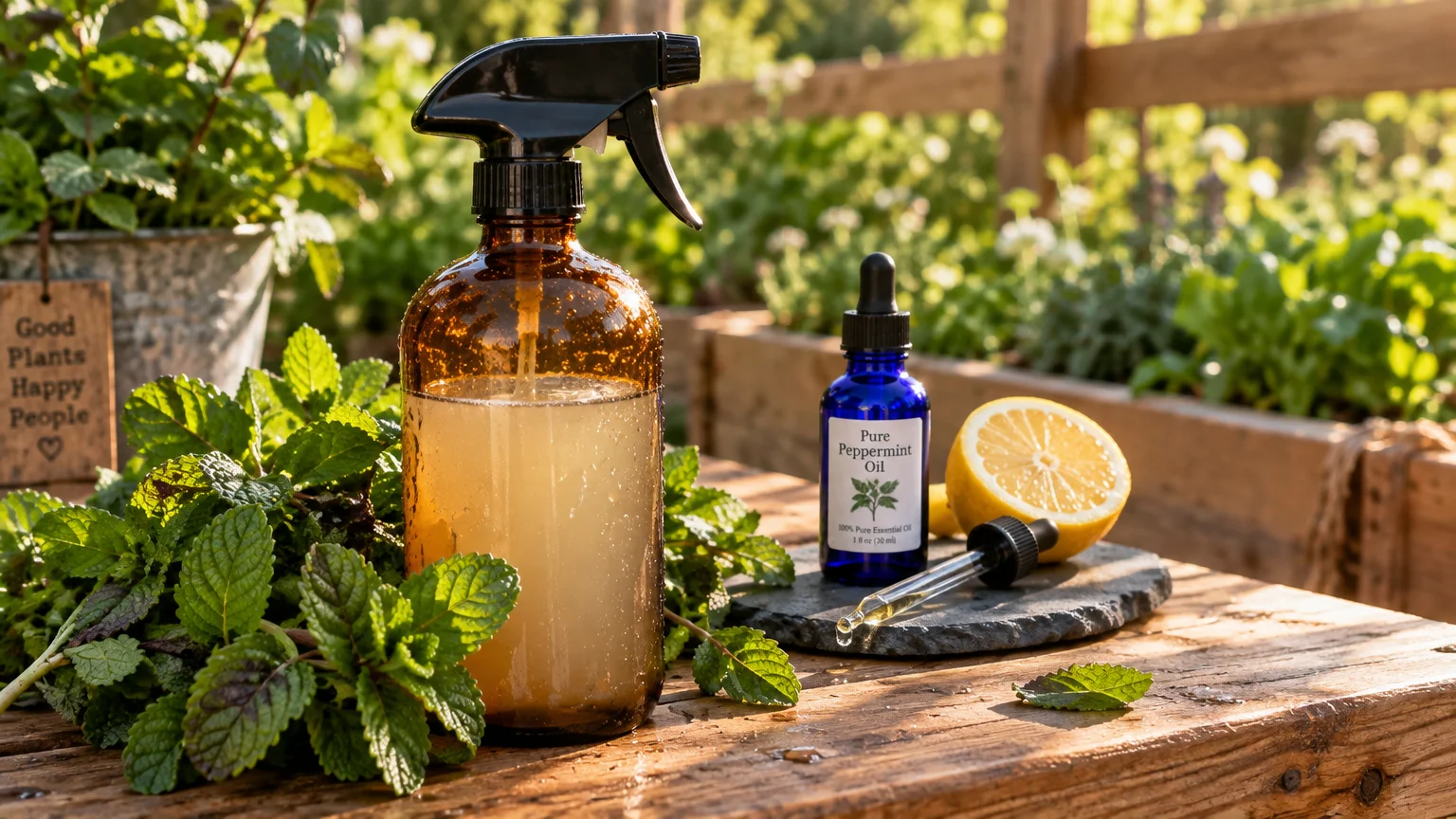Spray bottle, peppermint oil dropper, fresh mint, and a lemon half sitting on an outdoor garden bench.