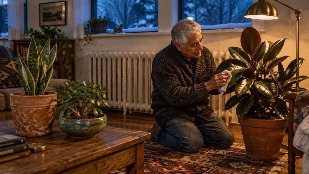 An older man kneels on a rug indoors beside a radiator, wiping the leaves of a potted rubber tree with a cloth.