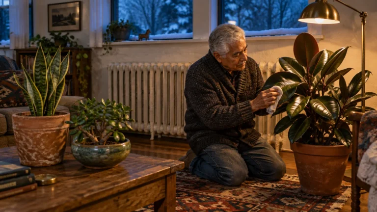 An older man kneels on a rug indoors beside a radiator, wiping the leaves of a potted rubber tree with a cloth.