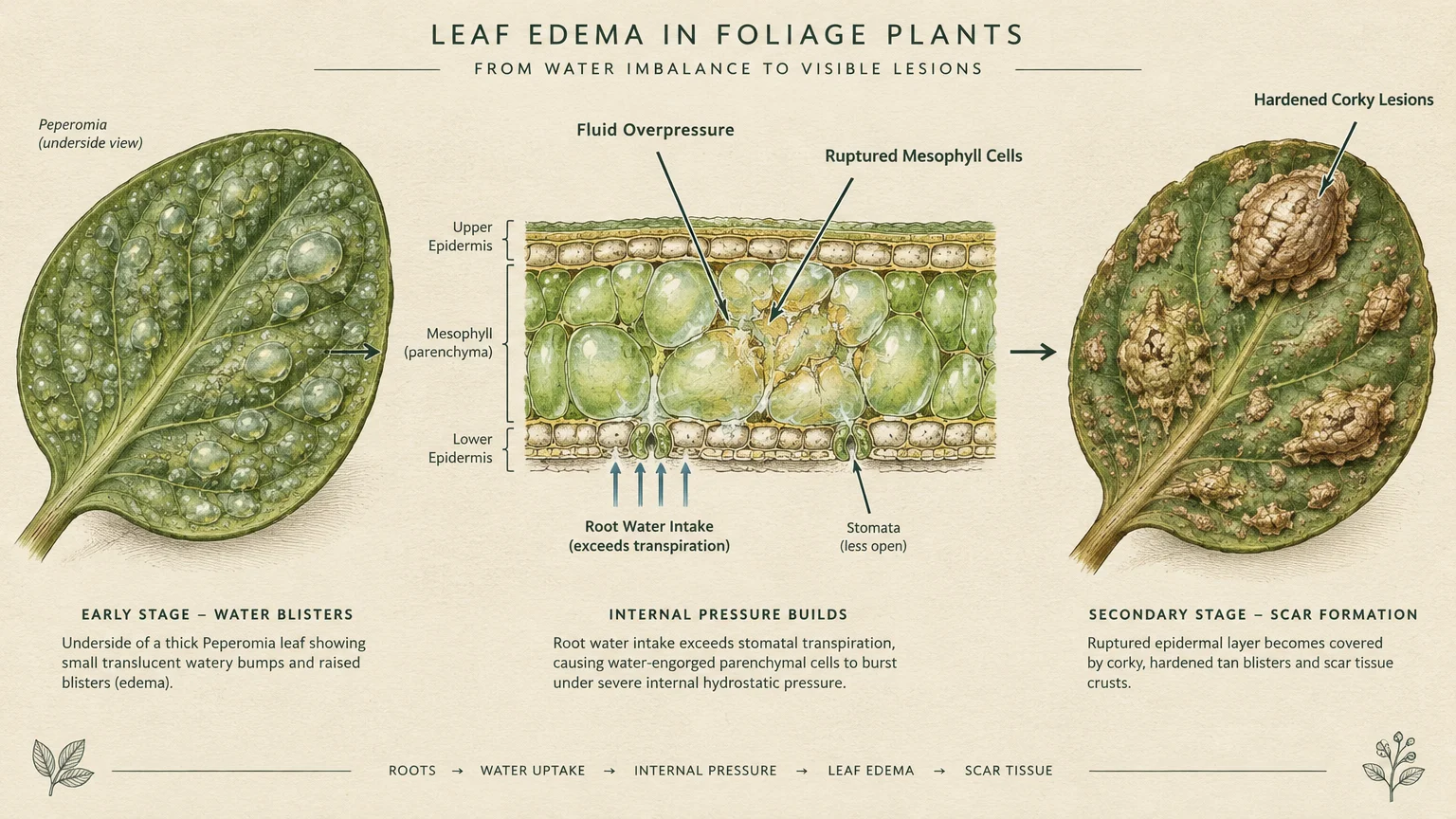 Botanical diagram illustrating leaf edema progression, showing water blisters, a cellular cross-section, and hardened corky lesions.