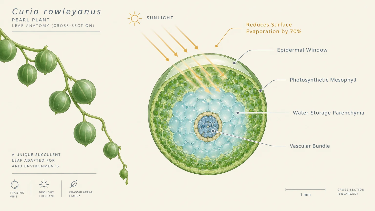 Botanical diagram of a Curio rowleyanus bead cross-section showing sunlight entering through an epidermal window.
