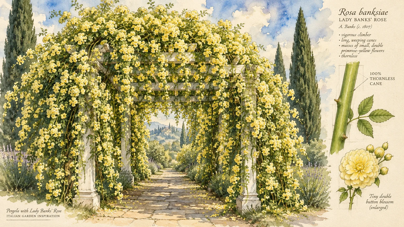 Botanical watercolor of yellow Lady Banks roses cascading over a stone pergola beside botanical diagrams of the plant.