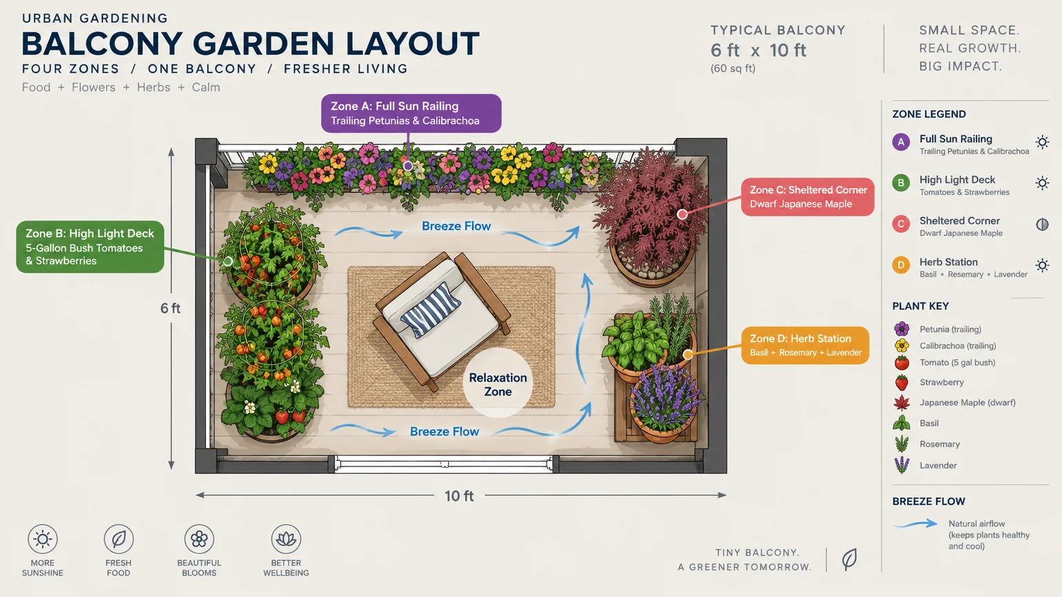 Overhead balcony garden diagram showing four zoned container planting areas, breeze flow arrows, and a seating area.