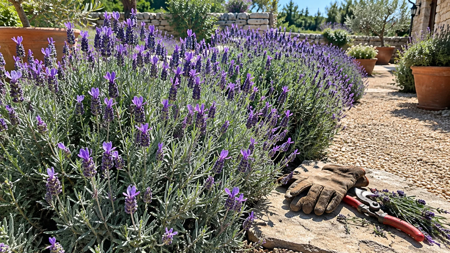 Blooming purple lavender hedge growing along a gravel path next to gardening gloves and pruning shears on a stone slab.