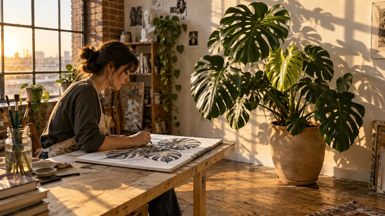 A woman sketching plant leaves at a wooden desk in a sunlit art studio beside a potted Monstera deliciosa.