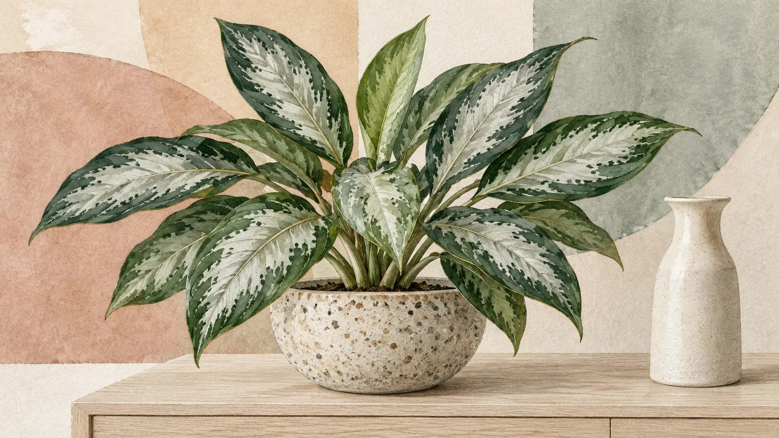 Illustration of a potted Chinese evergreen with variegated green and silver leaves on a wooden table beside a ceramic vase.