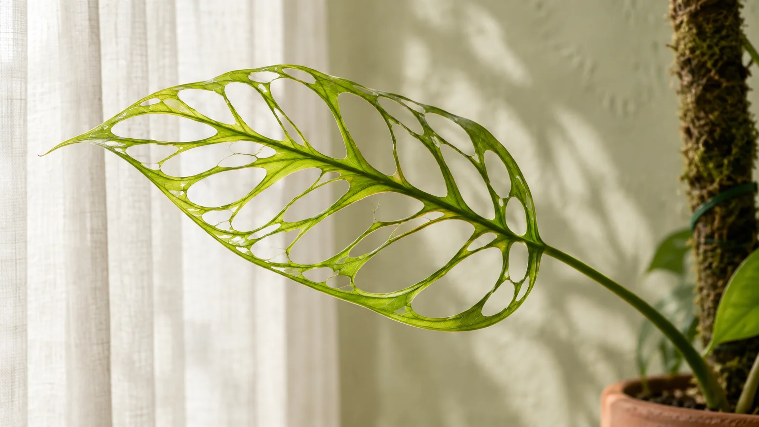 Close-up of a fragile Monstera obliqua leaf showing delicate veins and large hollow fenestrations beside a moss pole.