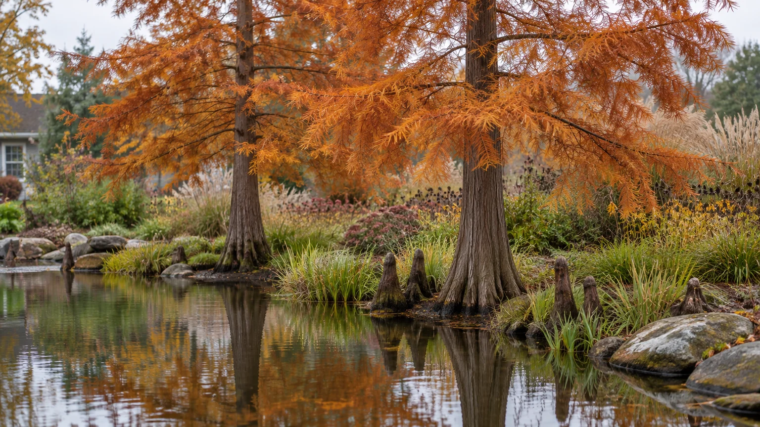 Bald cypress trees with bright orange fall foliage and exposed cypress knees growing along a calm pond edge.