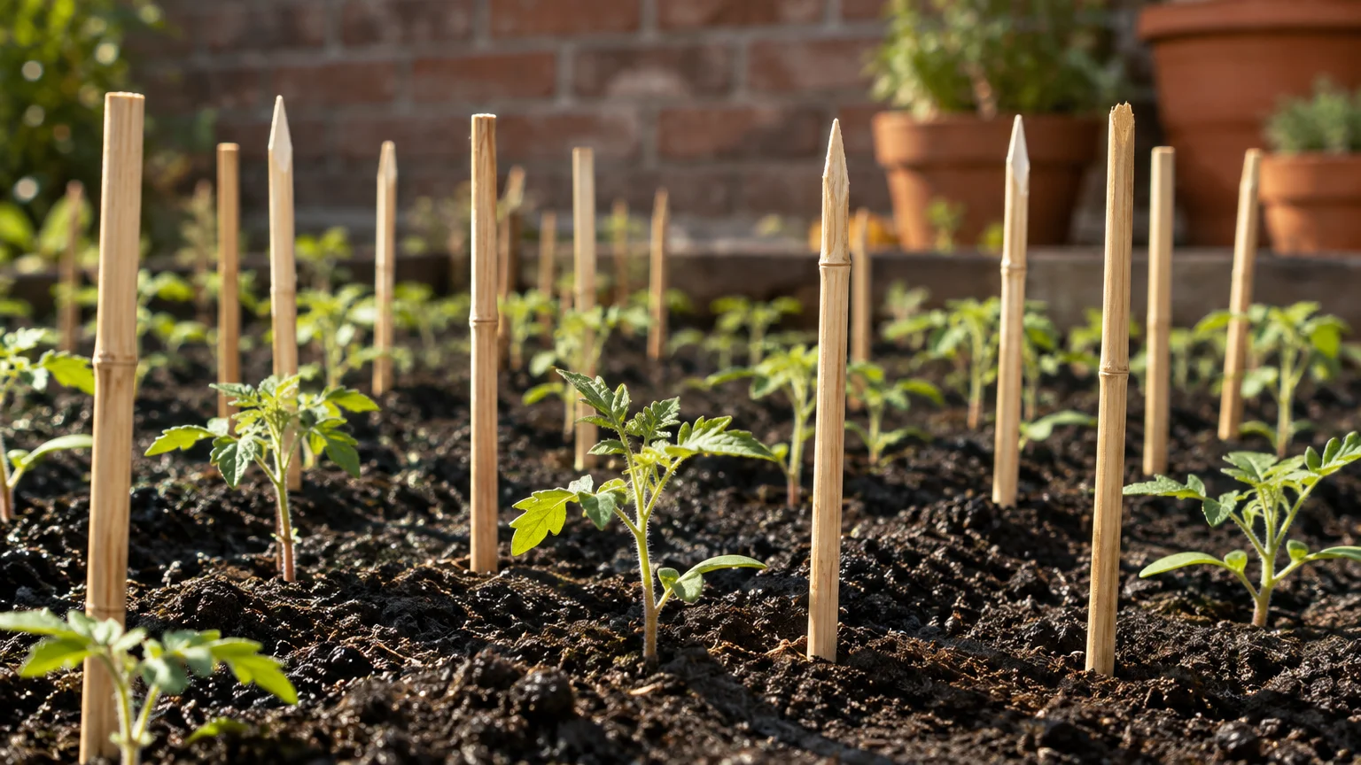 Wooden stakes and sharpened skewers inserted upright into dark soil next to small green tomato seedlings in a garden bed.