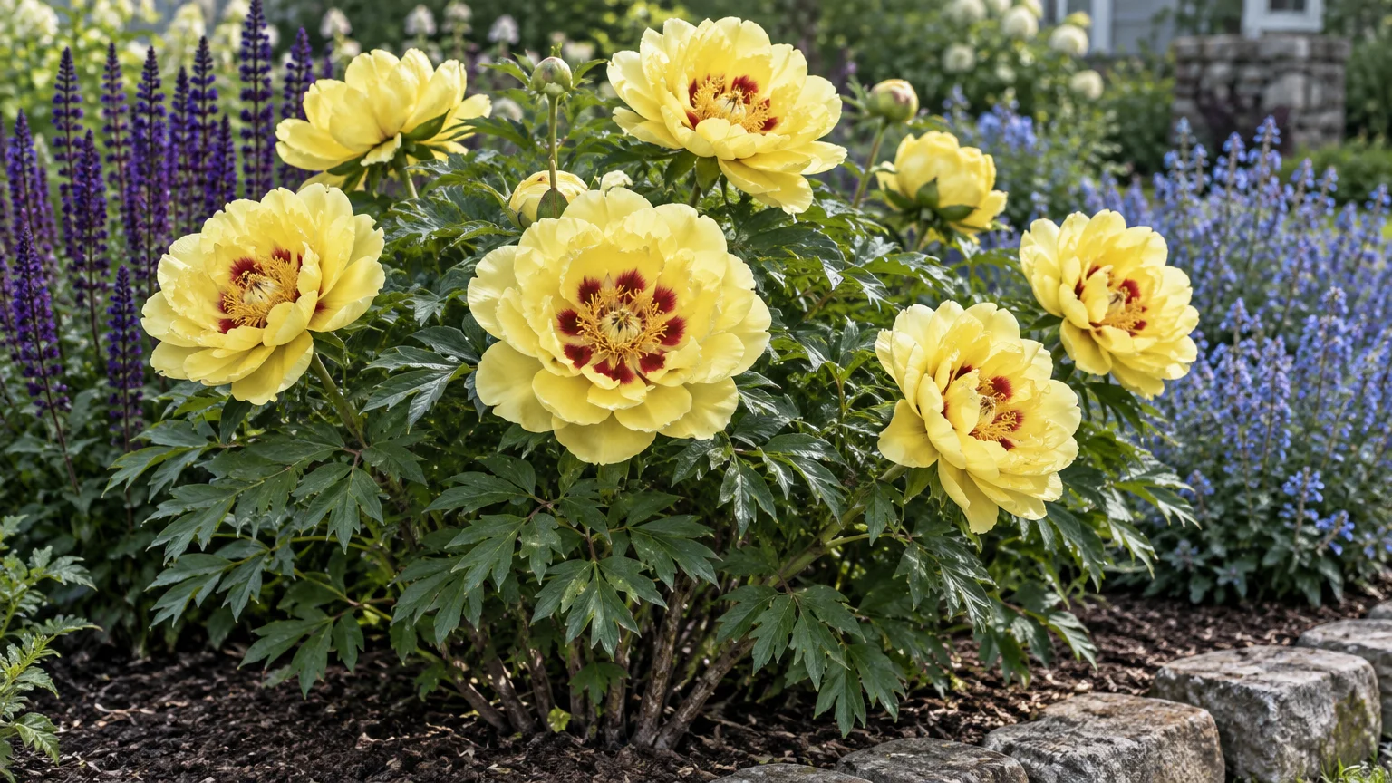 Blooming yellow Bartzella peony bush with red center flares growing in a garden border lined with cobblestones.