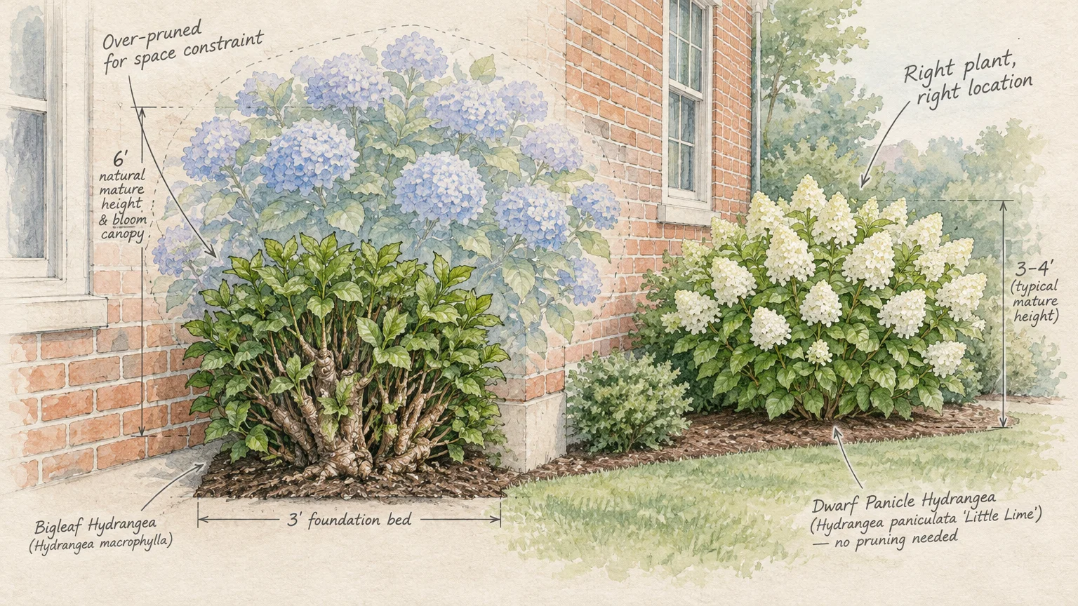 Diagram comparing an over-pruned bigleaf hydrangea in a garden bed with a thriving dwarf panicle hydrangea.