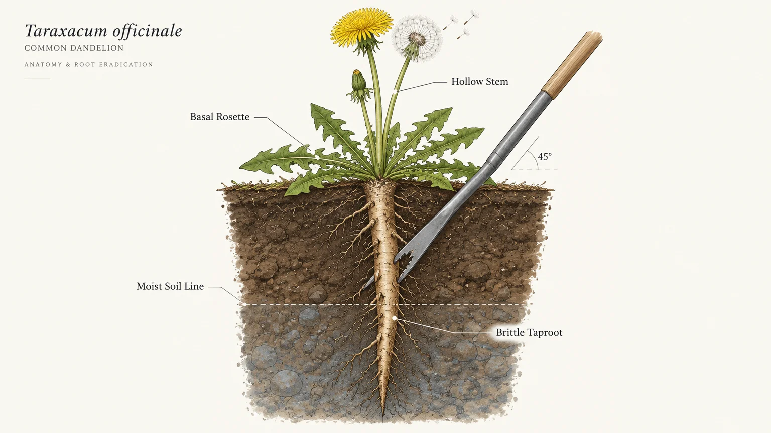 Botanical diagram of dandelion anatomy with a weeding tool inserted at 45 degrees to extract the taproot from soil.