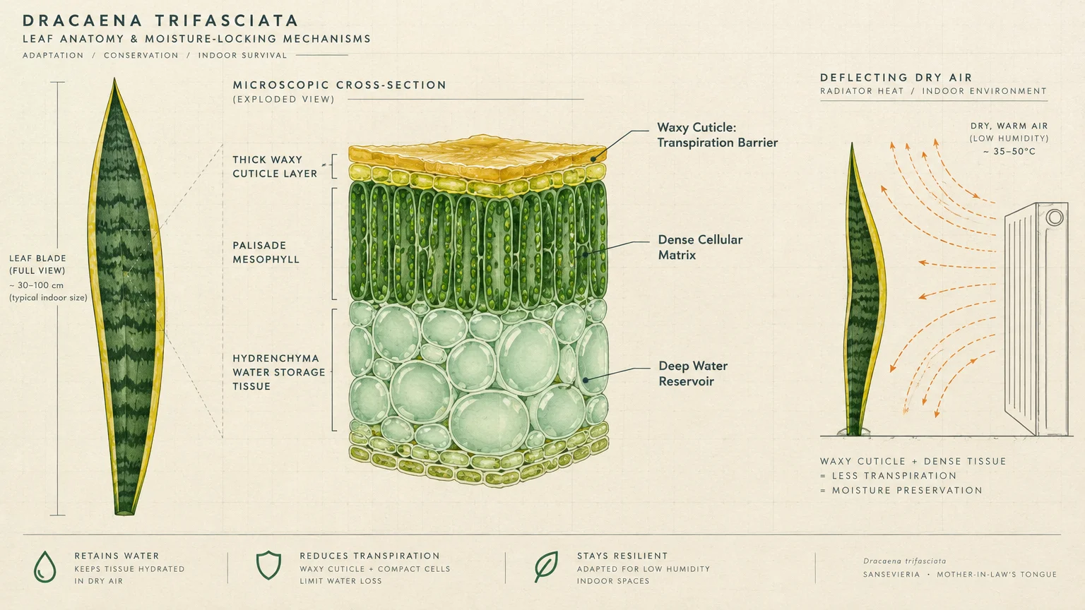 Diagram of a snake plant leaf cross-section showing the thick waxy cuticle layer and a leaf deflecting dry radiator heat.