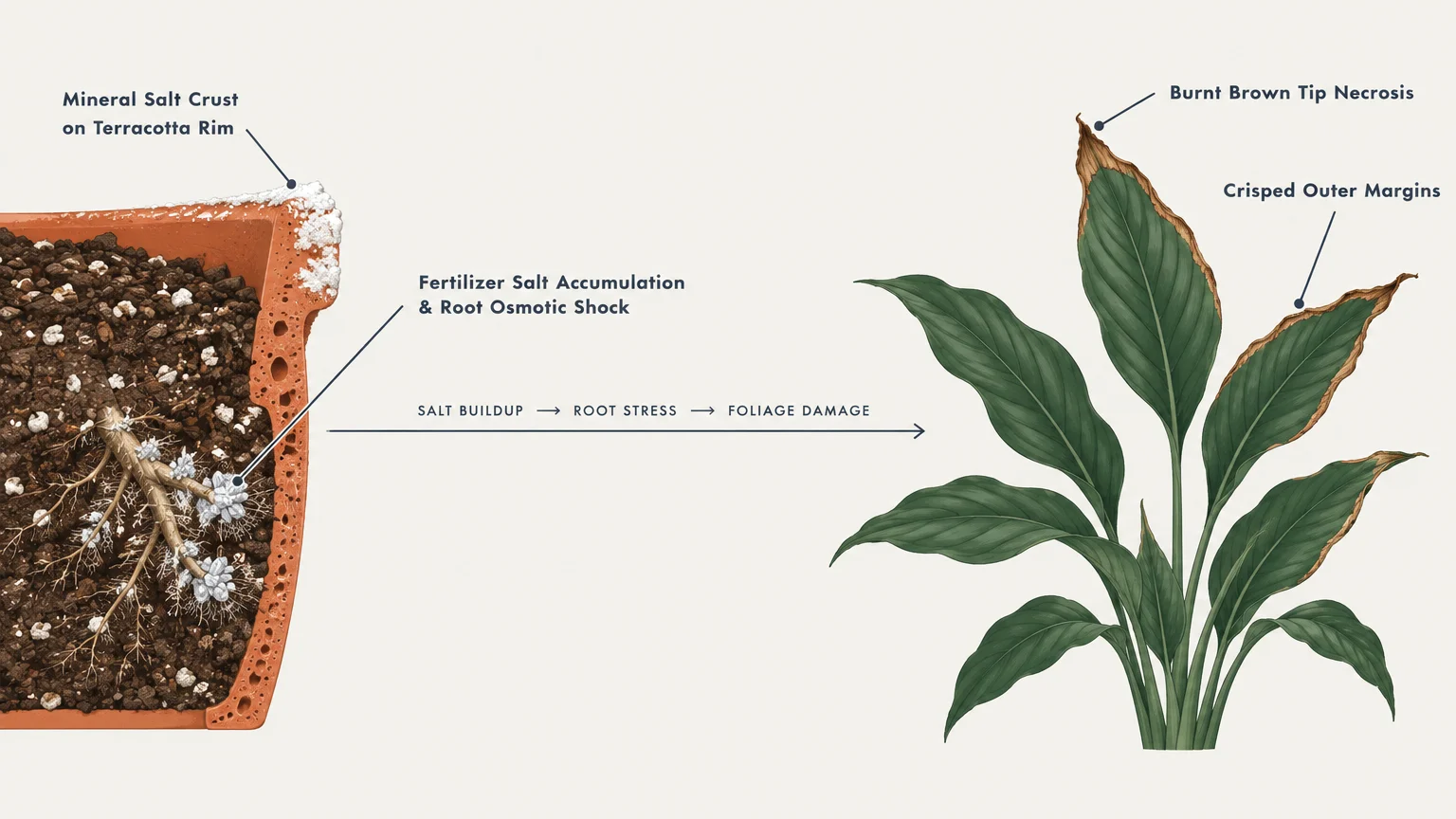 Diagram showing salt crust on a pot rim, root damage, and resulting brown margins on houseplant leaves.