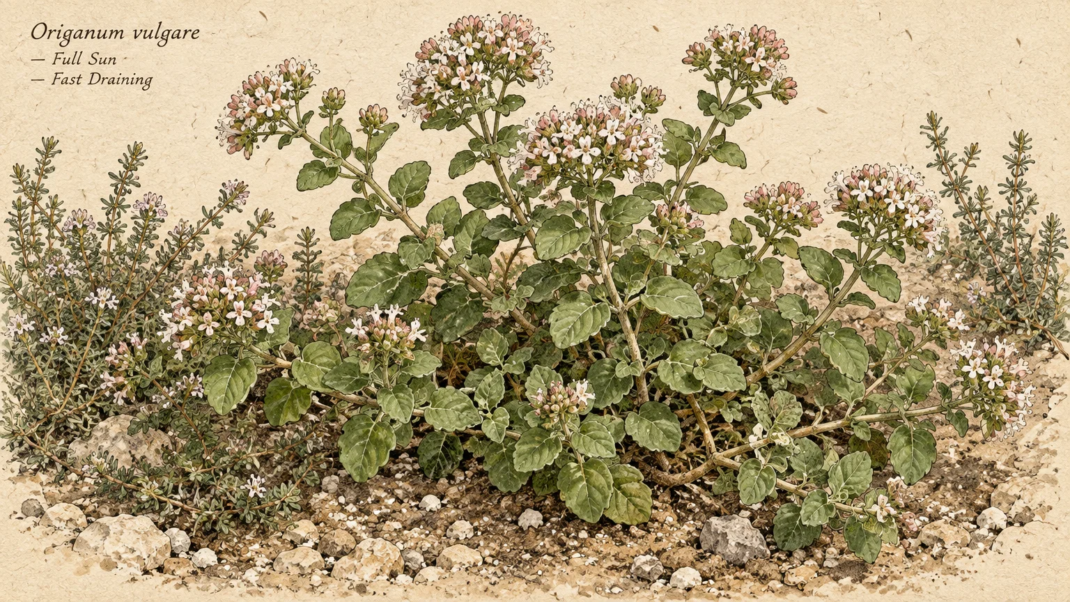 Botanical illustration of flowering Origanum vulgare growing in rocky soil with small pinkish-white blossoms.