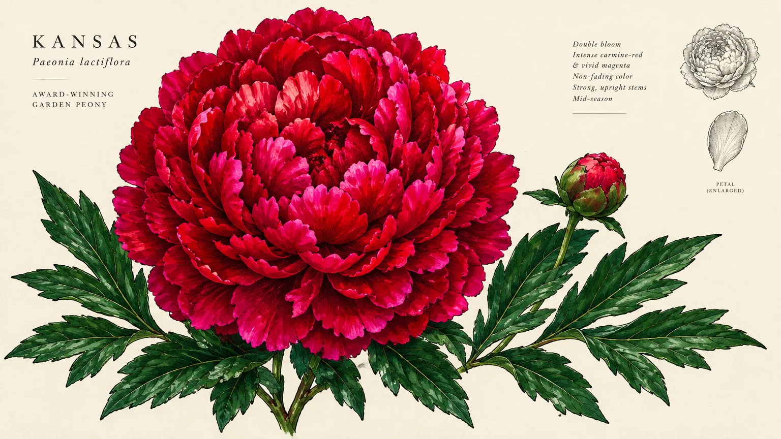 Botanical illustration of a vivid carmine-red Kansas peony with green leaves, a bud, and sketch diagrams on cream paper.