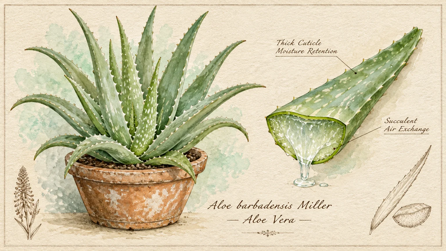 Botanical watercolor illustration of a potted aloe vera plant alongside a cut leaf cross-section dripping clear gel.