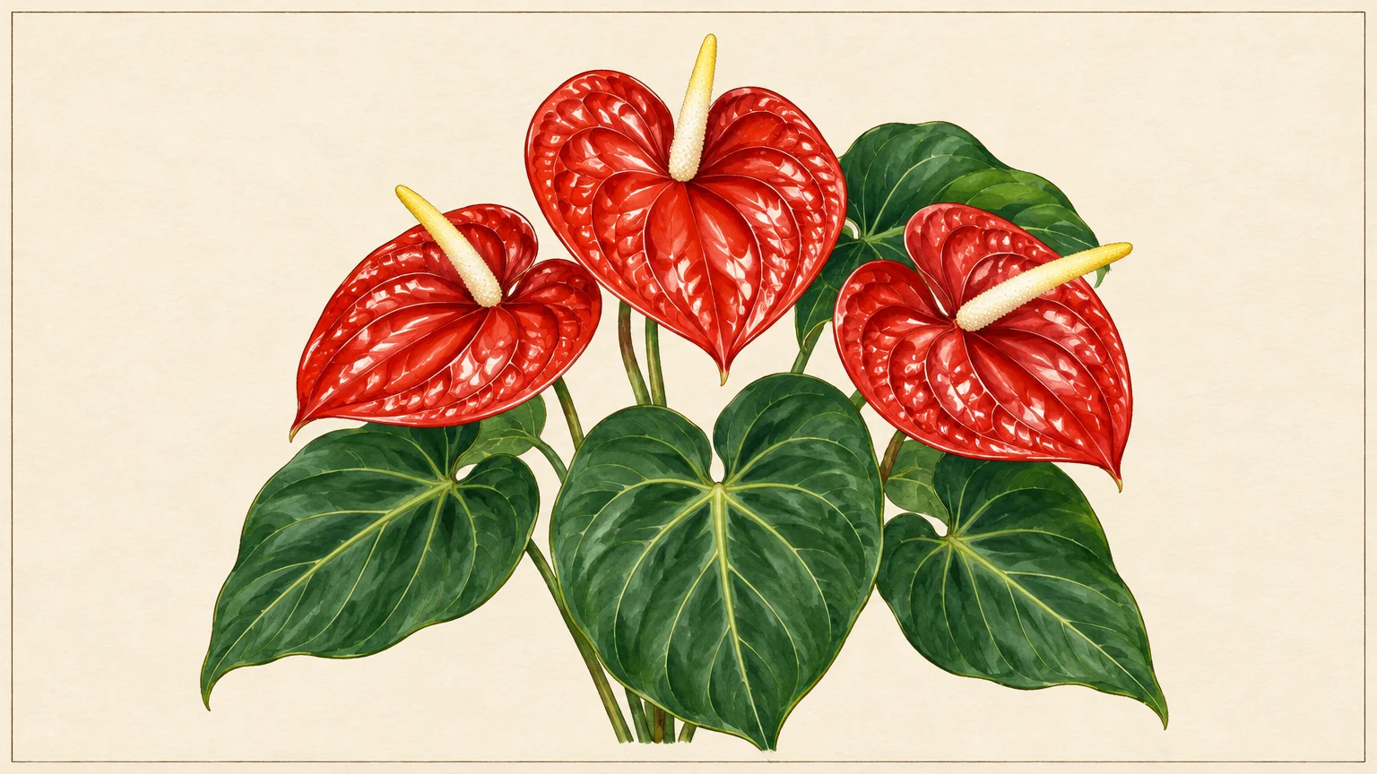 Botanical illustration of an anthurium plant featuring three glossy red spathes with pale spadices and dark green leaves.