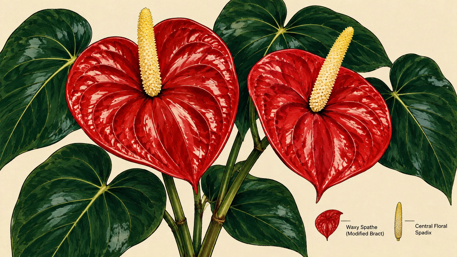 Botanical illustration of a flamingo flower with two red spathes, yellow spadices, and anatomical diagram labels below.