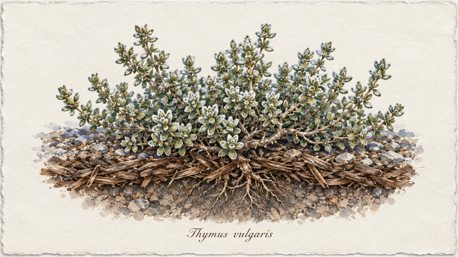 Botanical illustration of a frost-tipped thyme bush showing roots in gritty, mulched soil, labeled Thymus vulgaris.