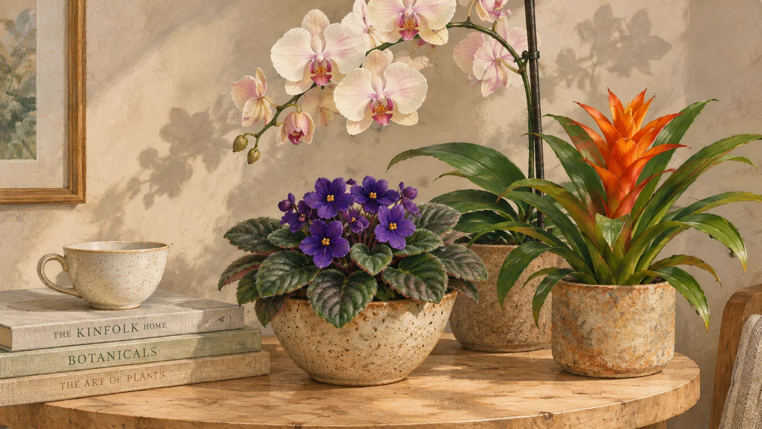 Potted African violet, pale orchid, and orange bromeliad arranged on a round wooden table beside books and a teacup.