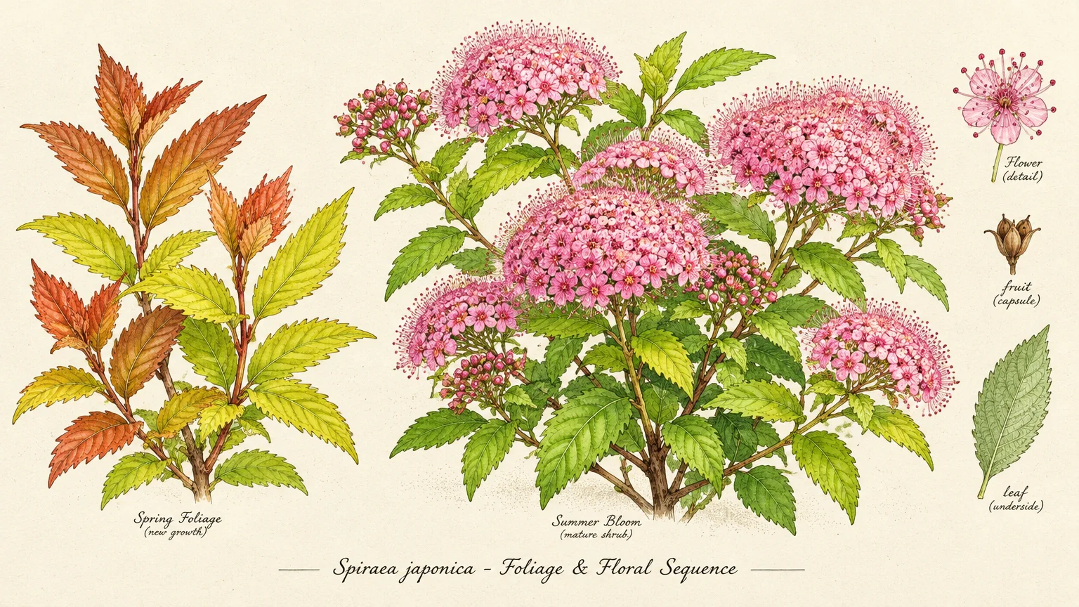 Botanical illustration showing Spiraea japonica spring foliage, blooming summer shrub, and botanical details of flower and fruit.