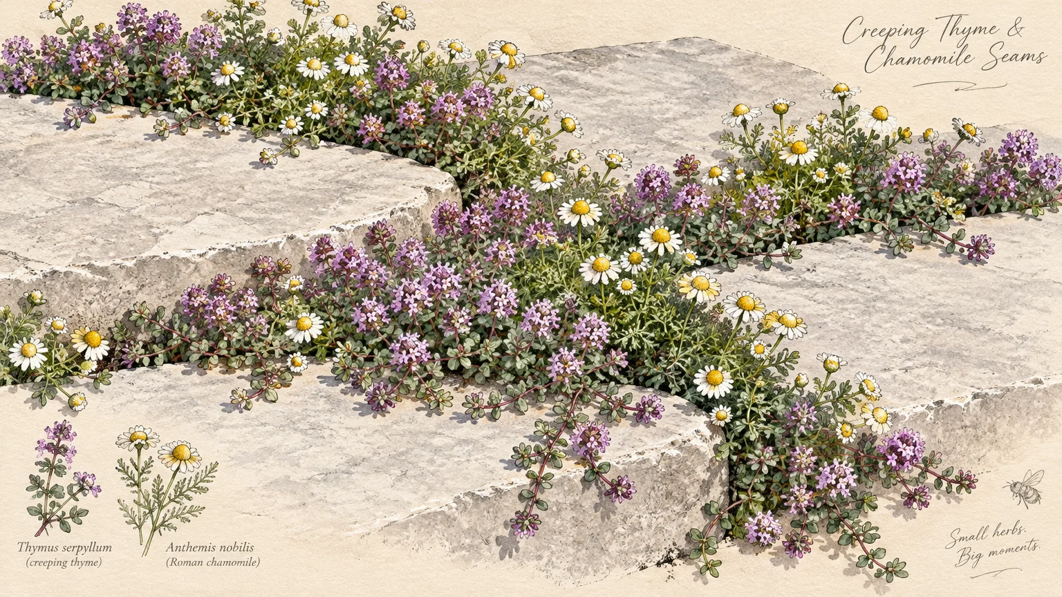 Illustration of creeping thyme and Roman chamomile flowering between flat stone pavers.