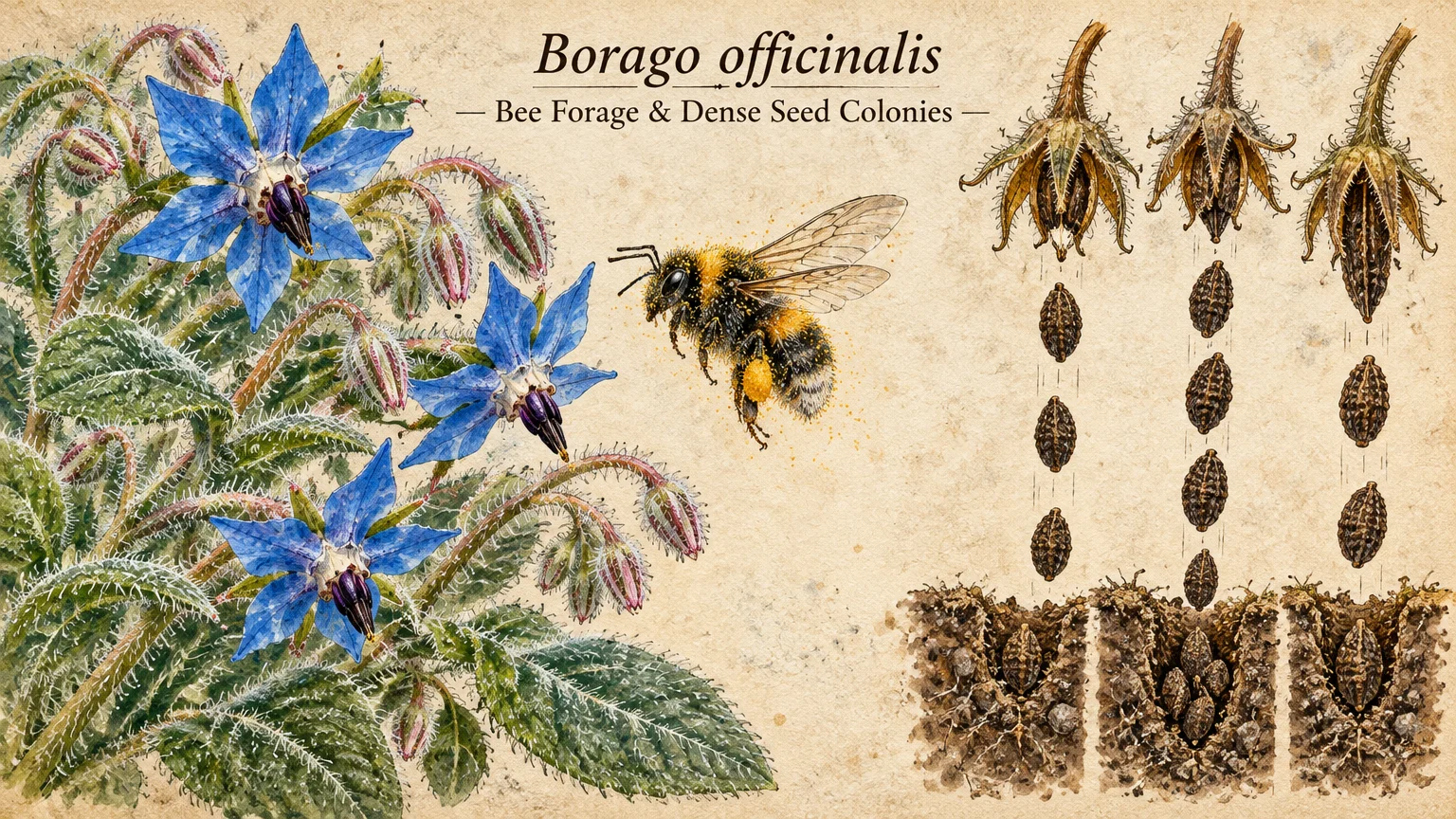 Botanical illustration of blue borage flowers, a bee in flight, and seeds dropping into soil cross-sections.
