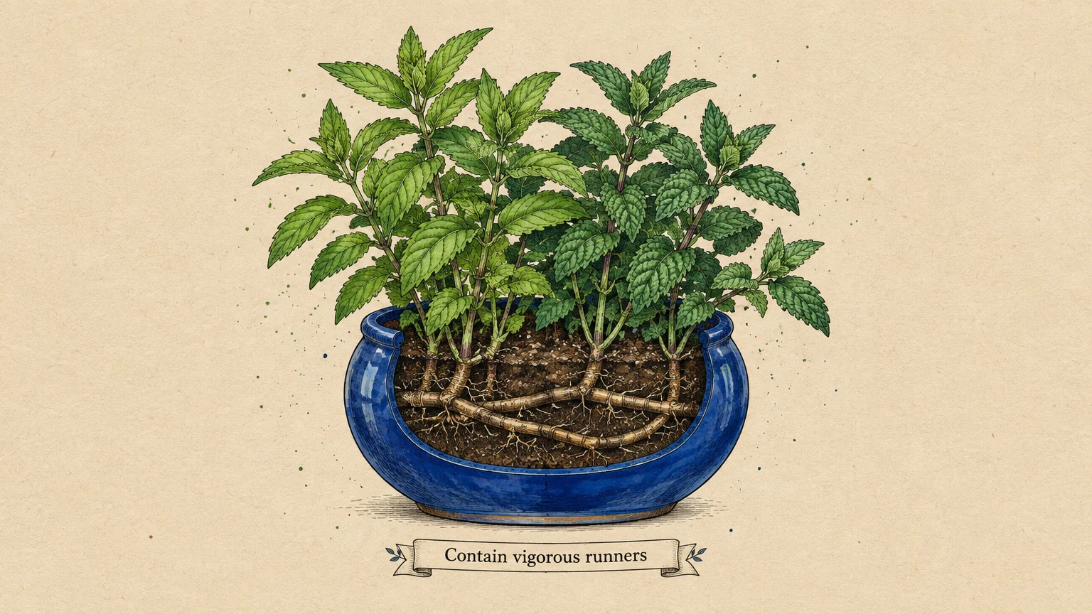 Cutaway botanical illustration of mint plants in a blue ceramic bowl showing soil and tangled underground runners.
