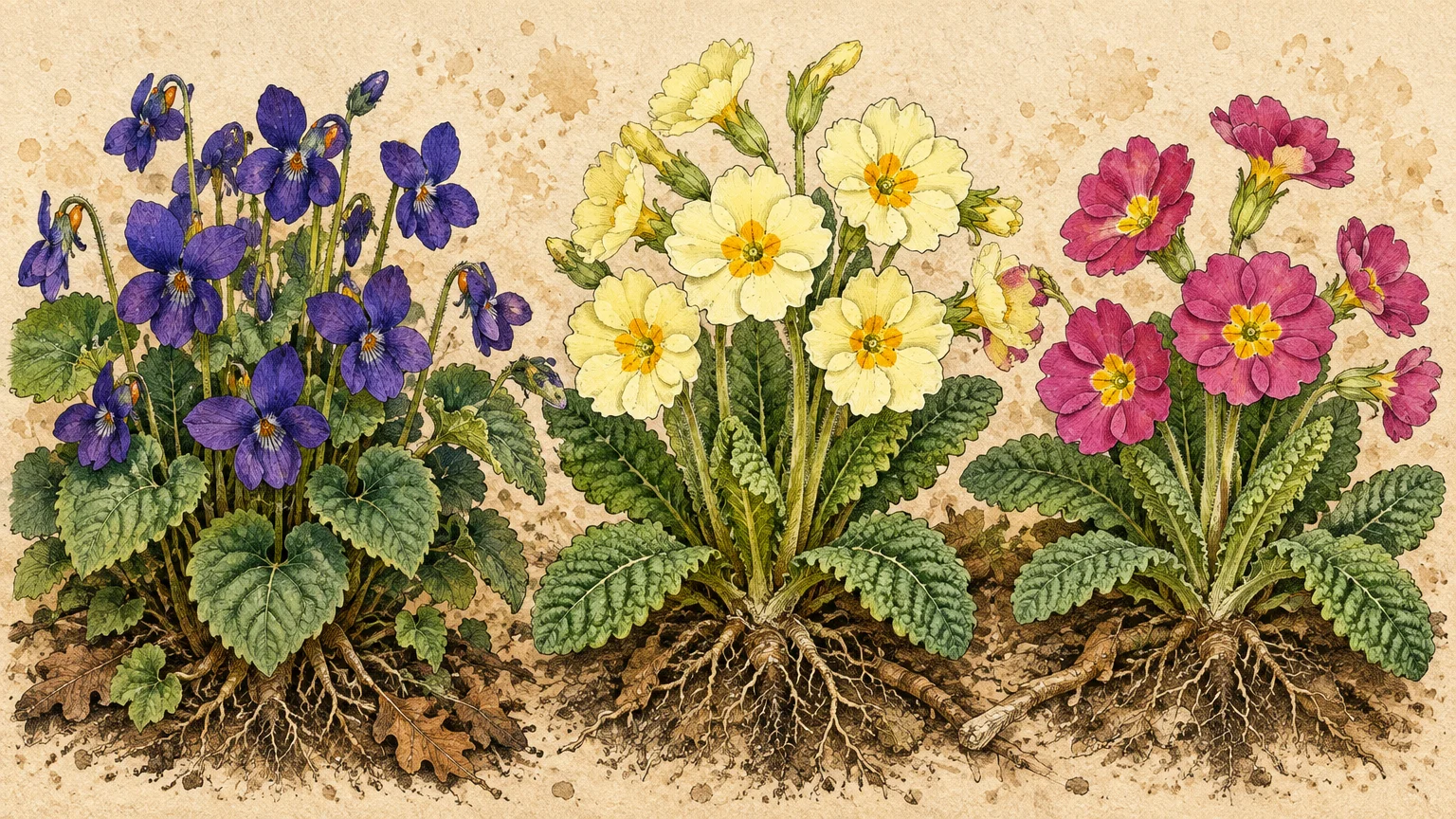 Botanical illustration of purple violets, yellow primroses, and pink primroses showing exposed root systems in soil.