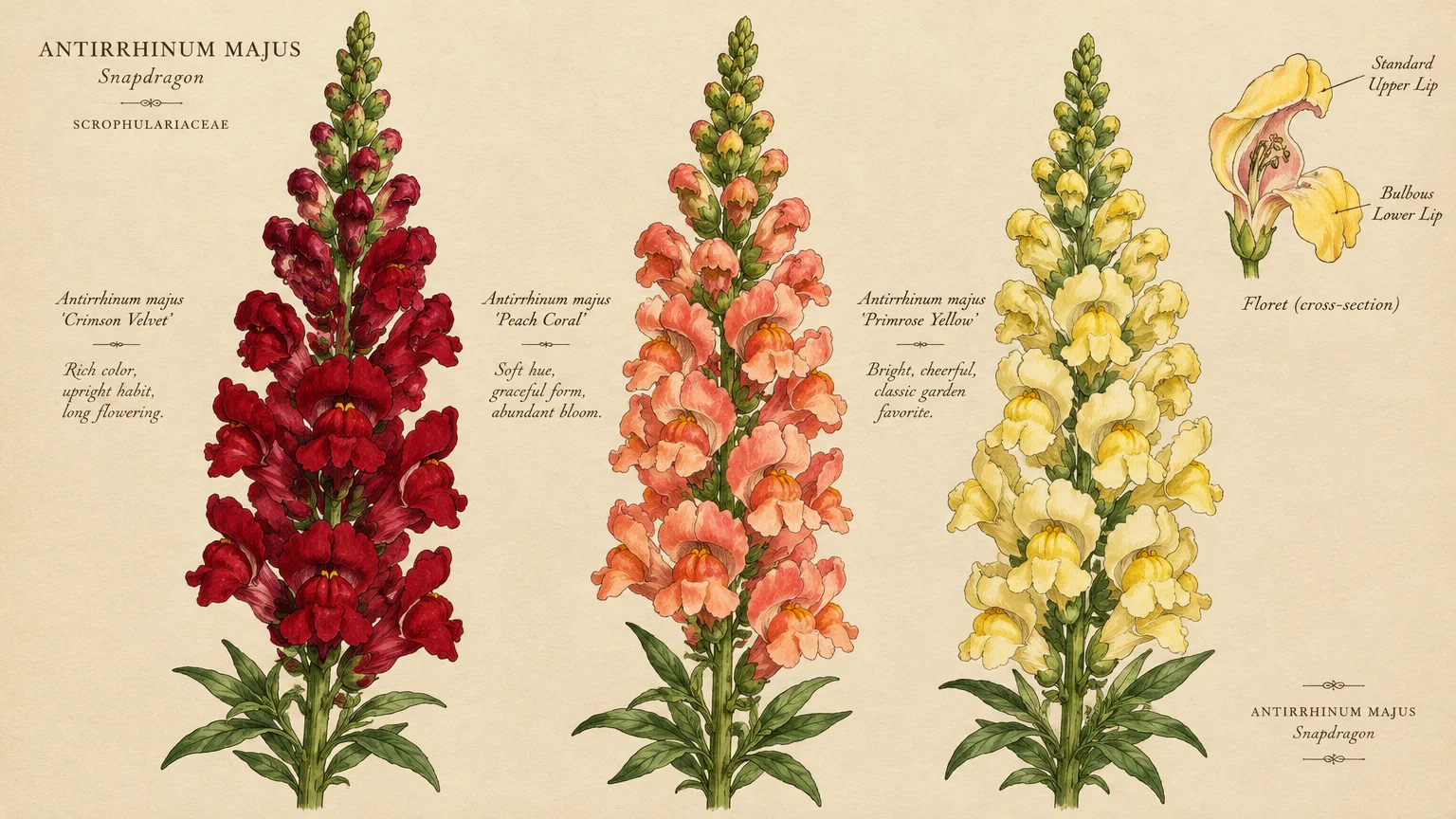 Botanical illustration of red, peach, and yellow snapdragon flower stalks with an anatomical floret cross-section.