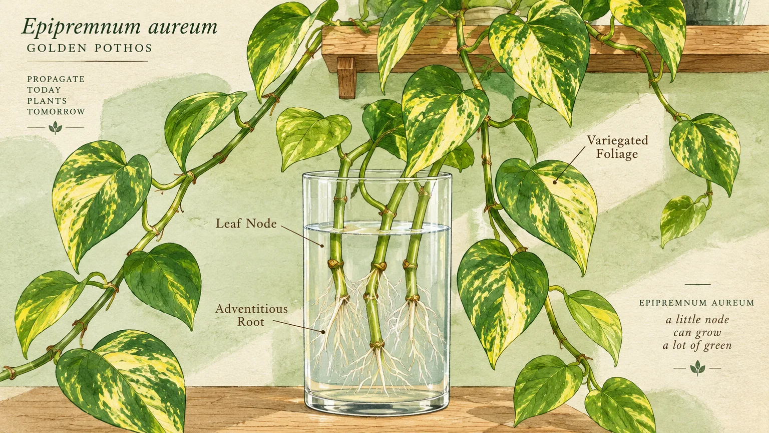 Botanical illustration of golden pothos cuttings rooting in a glass of water, surrounded by cascading variegated vines.
