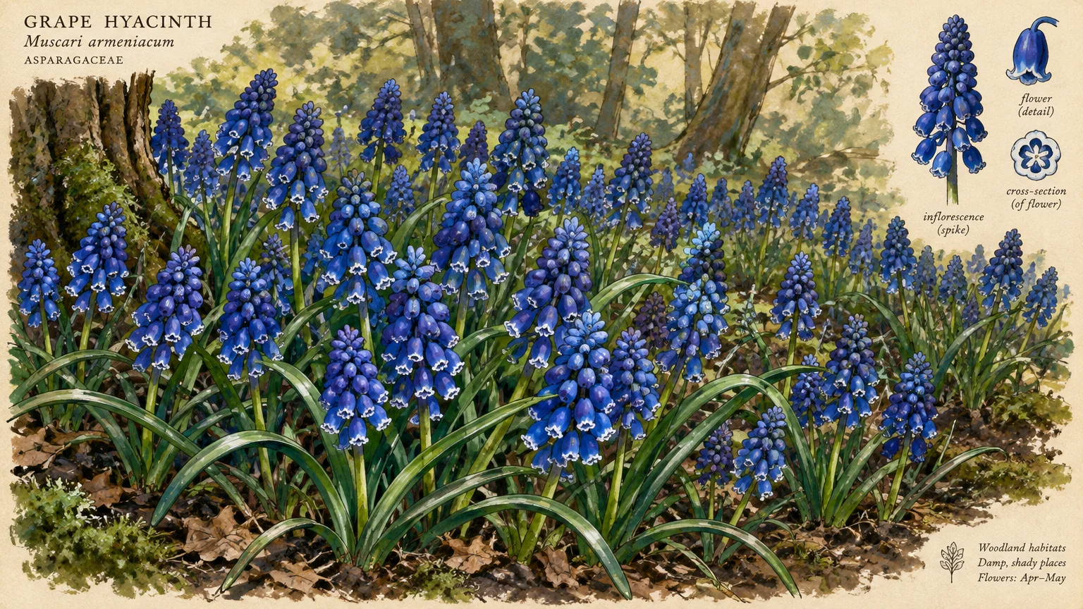 Botanical illustration of blooming blue grape hyacinths in a woodland, with floral anatomical diagrams.