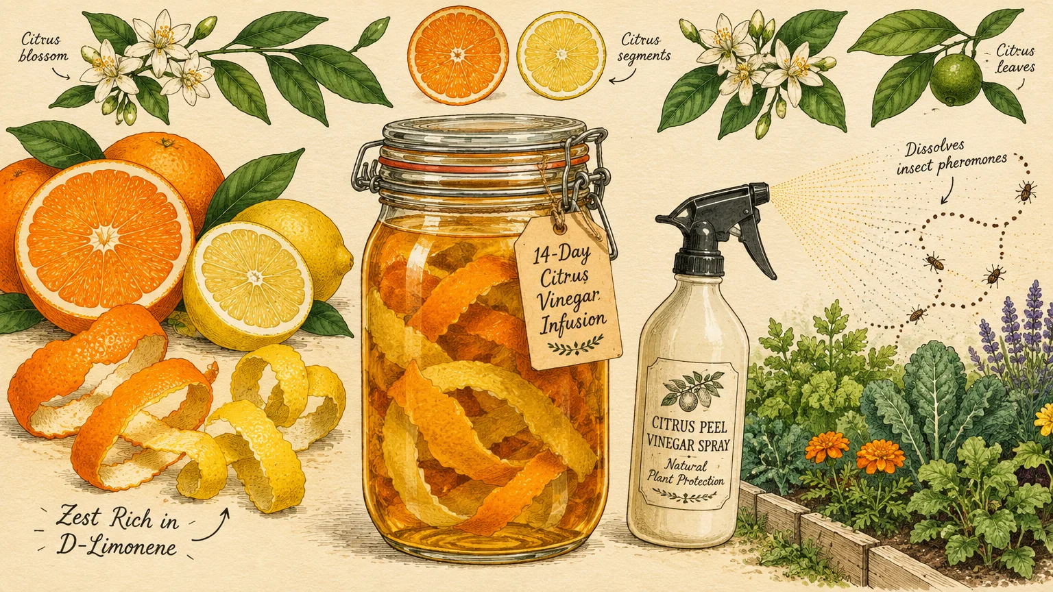 Botanical illustration of citrus fruits, a jar of citrus vinegar infusion, and a spray bottle beside a garden bed.