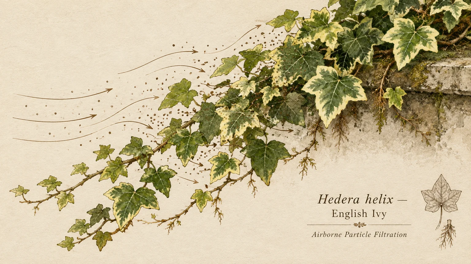 Botanical illustration of English ivy vine trailing along a stone ledge, showing airflow arrows and particle filtration.