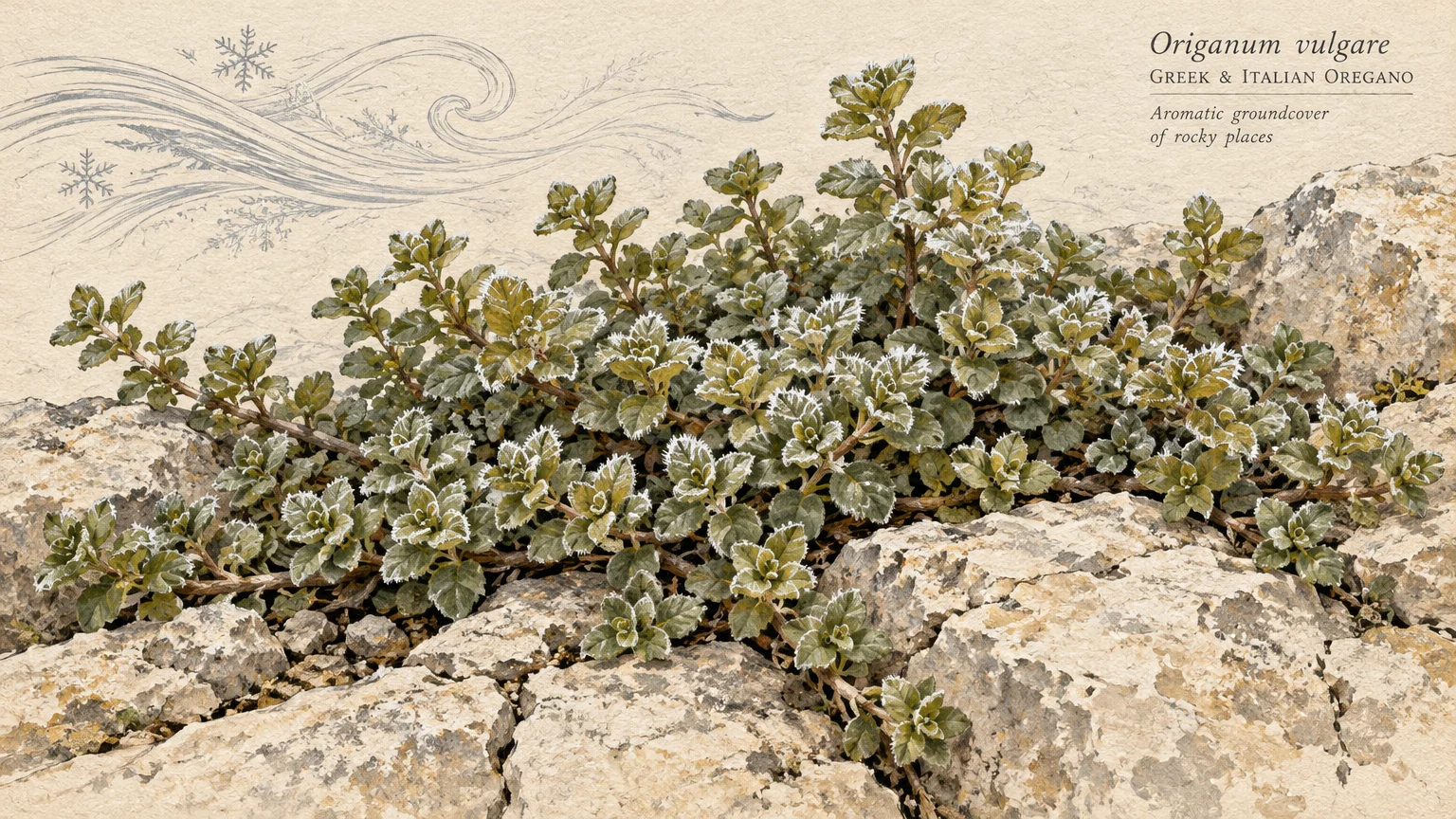 Illustration of frost-edged oregano spreading low across cracked rocks, with sketched wind swirls and snowflakes.