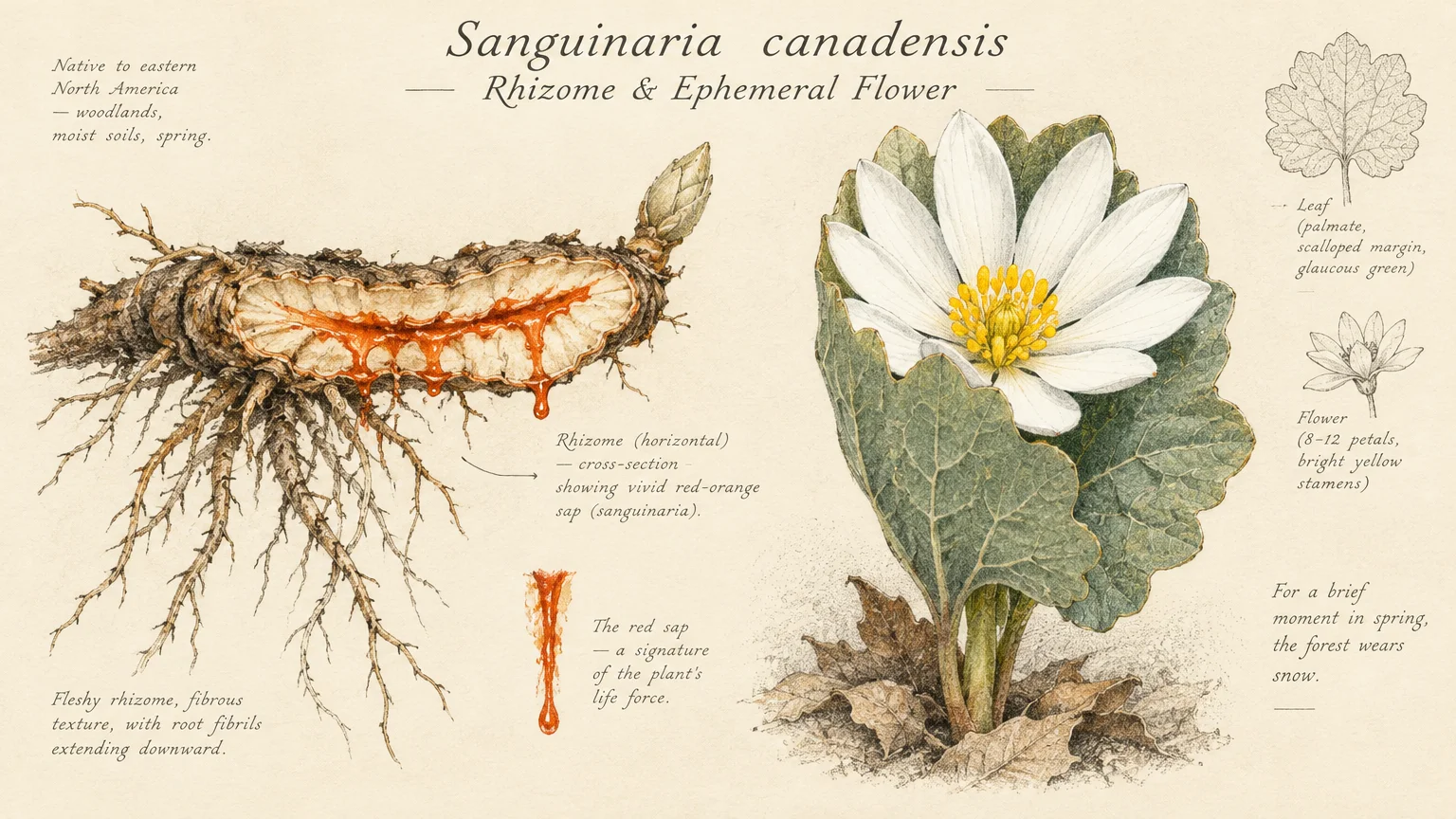 Botanical illustration of bloodroot showing a white blossom wrapped in a scalloped leaf, beside a cross-section of its rhizome.