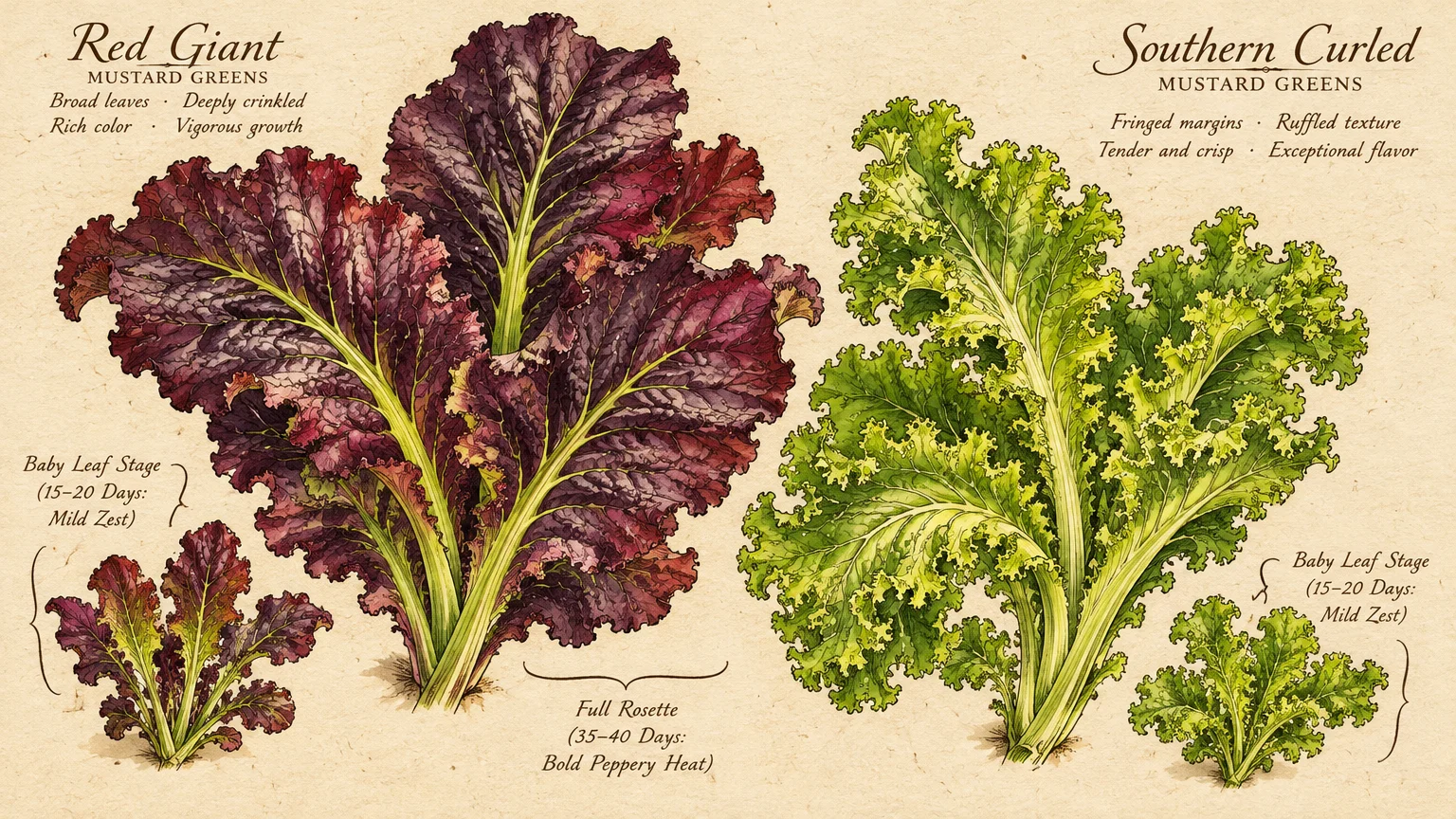 Botanical illustration comparing Red Giant and Southern Curled mustard greens at baby leaf and mature growth stages.