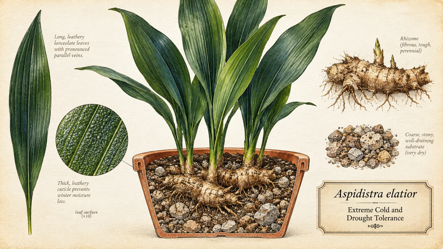 Botanical diagram of Aspidistra elatior in a terracotta pot with labeled leaf, rhizome, and soil details.