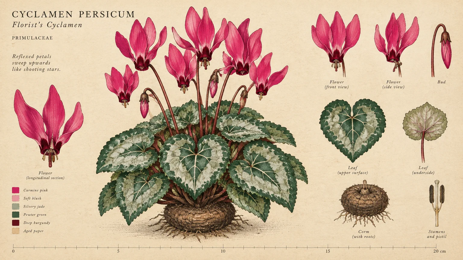 Botanical illustration of Cyclamen persicum detailing pink reflexed flowers, variegated leaves, a corm, and floral anatomy.