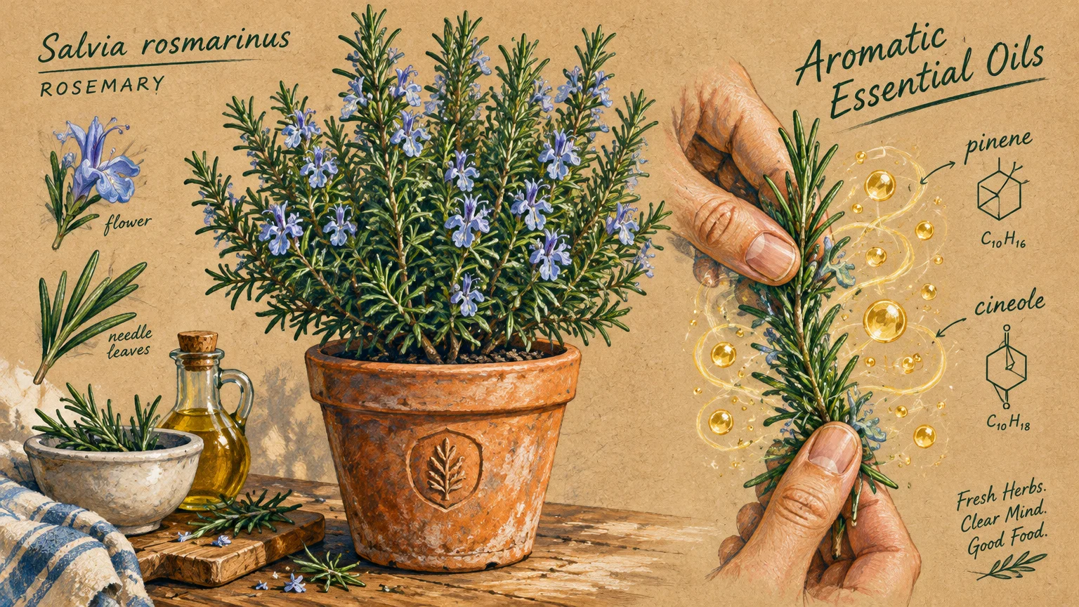 Botanical illustration of a potted rosemary plant, botanical details, and hands rubbing a sprig releasing glowing aroma.