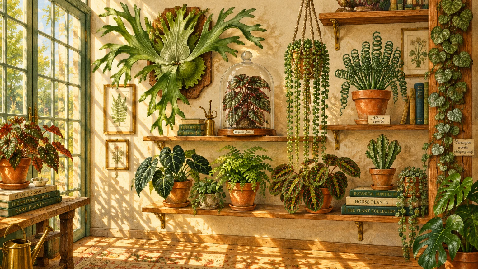 Illustration of a sunlit room filled with potted plants, hanging vines, a staghorn fern mounted on the wall, and botanicals.