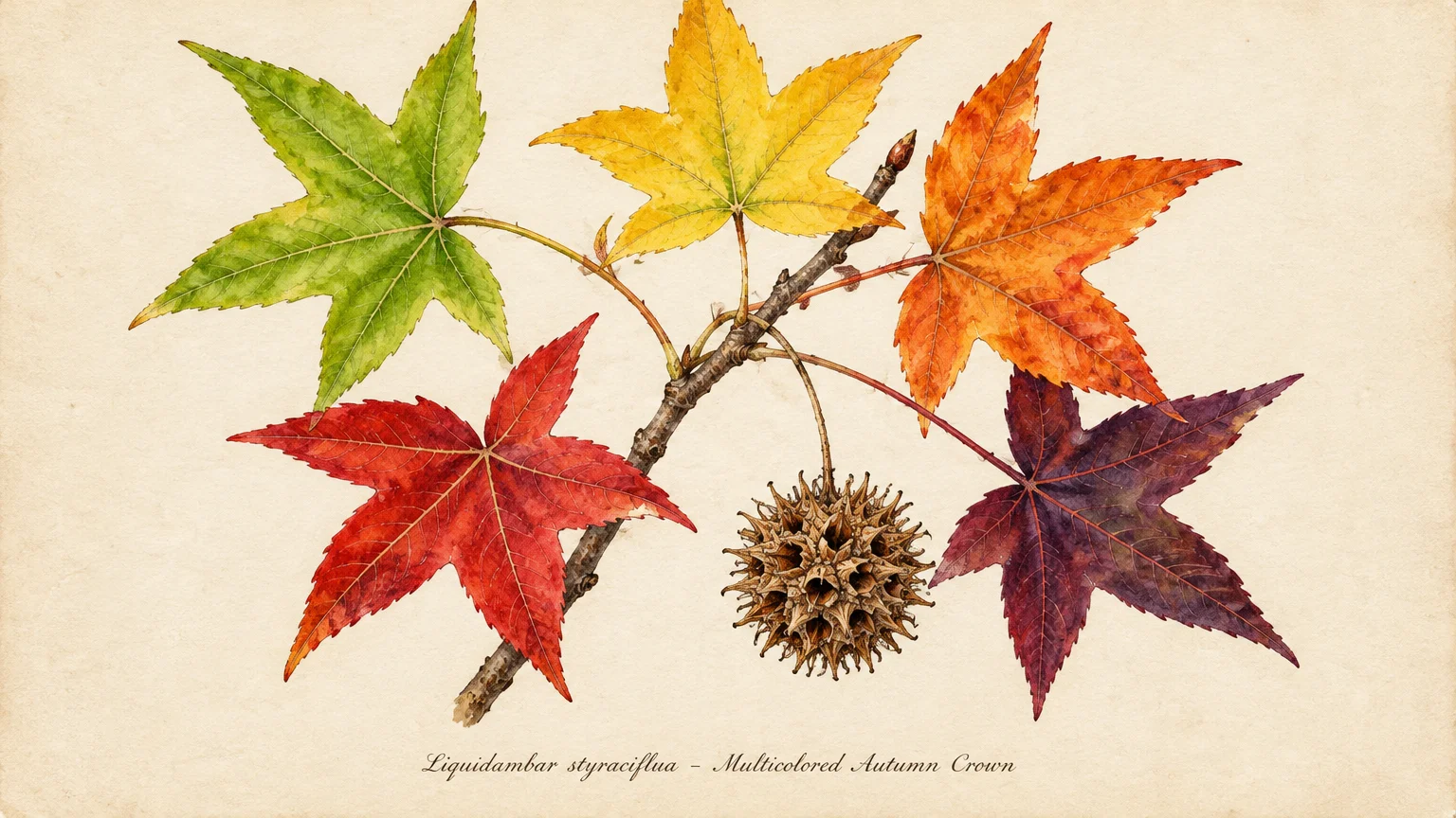 Botanical illustration of a sweetgum branch with a spiky seed ball and star-shaped leaves in green, yellow, orange, red, and purple.