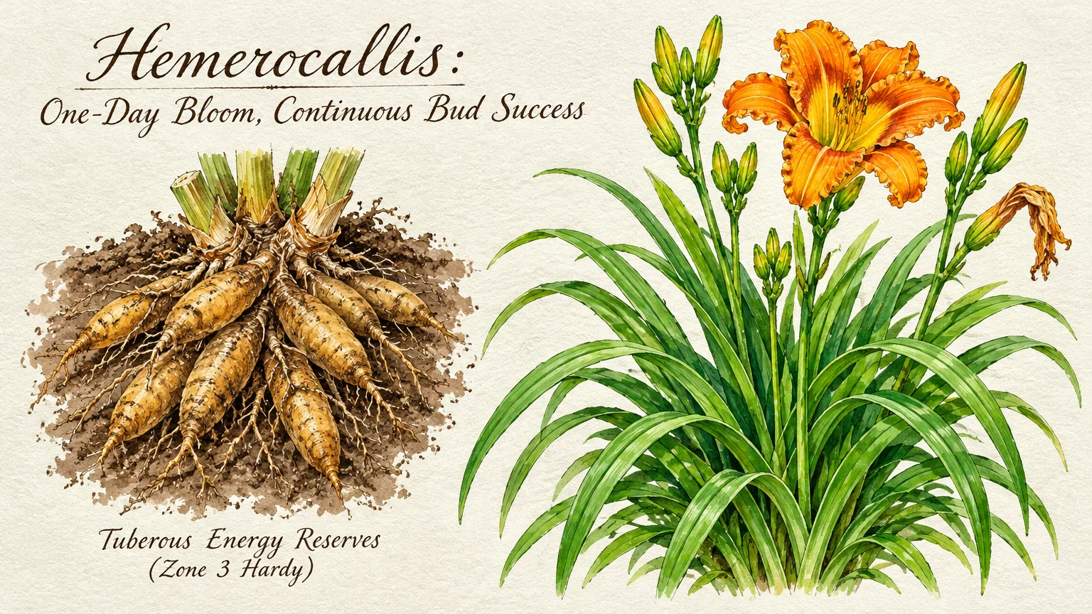 Botanical illustration showing daylily tuberous roots in soil on the left and an orange blooming daylily plant on the right.