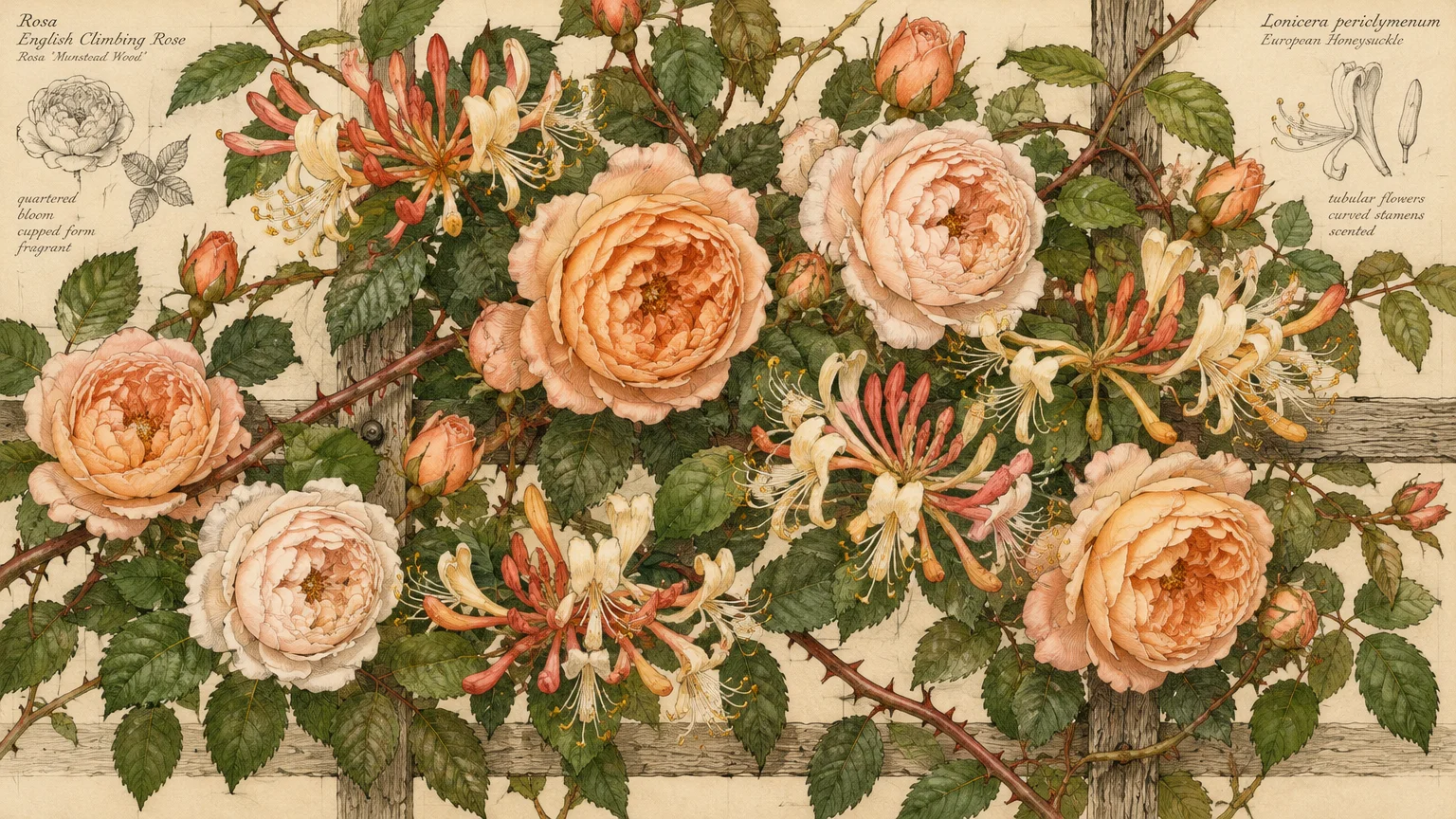 Botanical illustration of peach roses and honeysuckle flowers climbing across a wooden trellis.
