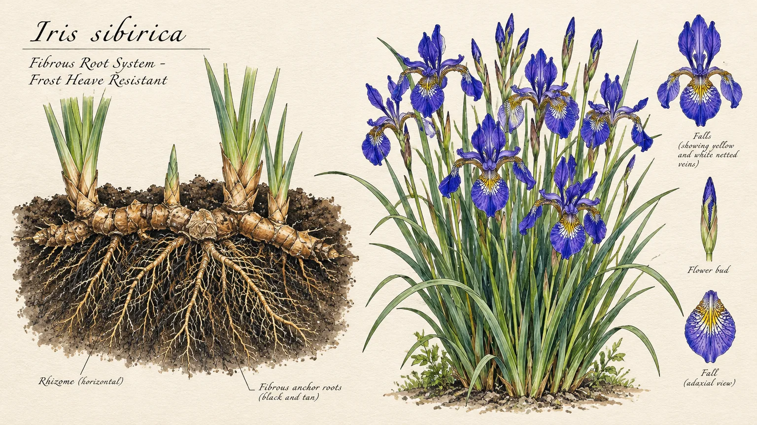 Botanical illustration of Iris sibirica showing underground root rhizomes, flowering stems with purple blooms, and petal details.